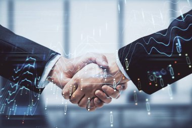 Forx grafik hologramı ve iki adamın el sıkışması. Borsa konsepti.