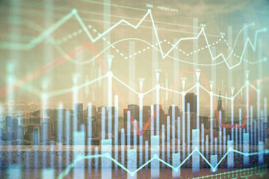 Gökdelenler arka planda çoklu pozlama ile şehir görünümünde eski grafik. Mali analiz kavramı.