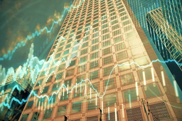 Devisendiagramm Auf Stadtbild Mit Hohen Gebäuden Hintergrund Multi Exposure Finanzielles — Stockfoto