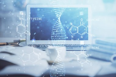 Masaüstü bilgisayar arkaplanı ve DNA çizimi. Çifte maruziyet. Bilim konsepti.