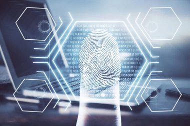 Ofisteki bilgisayarın parmak izi çizimi. Çifte maruziyet. İş veri güvenliği kavramı.