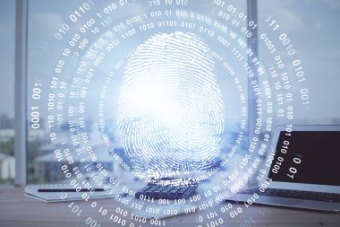 Ofisteki bilgisayarın parmak izi çizimi. Çifte maruziyet. İş veri güvenliği kavramı.