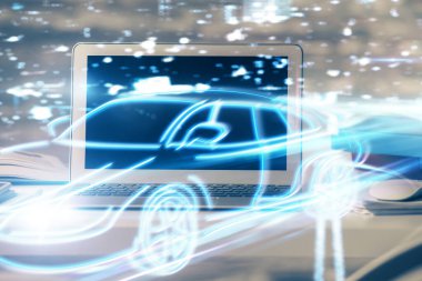 Otomobil hologramı çizimi olan masaüstü bilgisayar arkaplanı. Çoklu maruz kalma. Teknoloji kavramı.