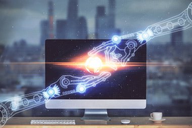 Teknoloji temalı çizim ve bilgisayarla çalışma alanı. Çoklu maruz kalma. Yenilik kavramı.