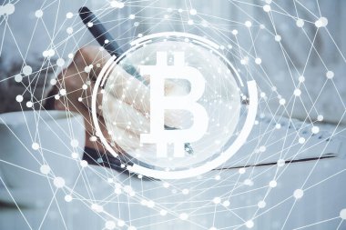 Kripto para birimi hologramı, notlar alan ellerin üzerinde arka plan. Blockchain kavramı. Çoklu pozlama