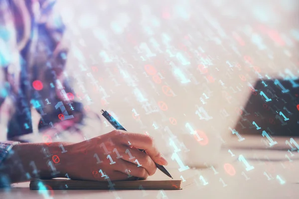 Doppelbelichtung von Frauen, die Hand auf den Hintergrund schreiben, mit Datentechnologie hud. Big Data-Konzept. — Stockfoto