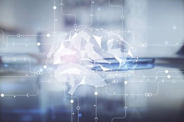 Kahve fincanı arkaplanından Ai veri beyninin iki kez görüntülenmesi.