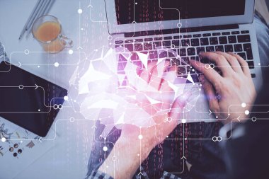 Bilgisayar klavyesini ve beyin hologramı çizimlerini yazarken çift pozlama. Üst Manzara. Ai ve veri teknolojisi kavramı.