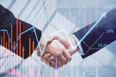 Forx grafik hologramı ve iki adamın el sıkışması. Borsa konsepti.