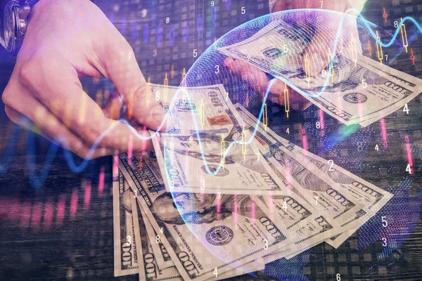 Multi exponering av finansiella diagram rita hologram och USA dollar räkningar och manshänder. Analyskoncept. — Stockfoto