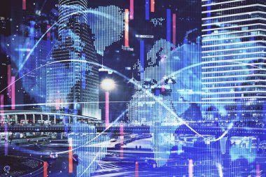 İş temalı hologram çizimine ve şehrin arka planına çifte maruz kalma. Başarı kavramı.