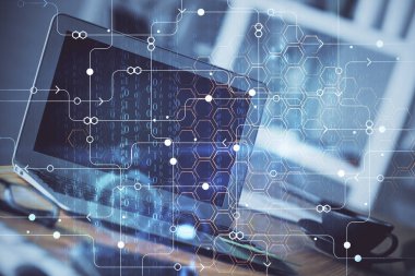 Teknoloji temalı çizim ve bilgisayarla çalışma alanı. Çifte maruziyet. Yenilik kavramı.