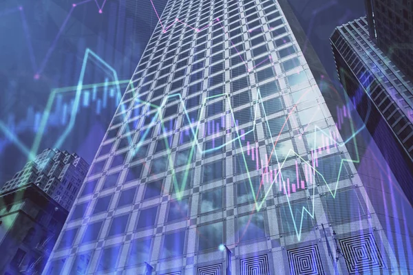 Forex chart on cityscape with tall buildings background multi exposure. Financial research concept.