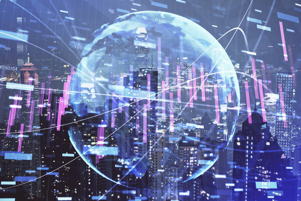 Double exposure of forex chart drawings over cityscape background. Concept of success.
