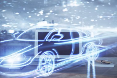 Otomobil hologramı çizimi olan masaüstü bilgisayar arkaplanı. Çoklu maruz kalma. Teknoloji kavramı.