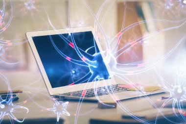 Masaüstü bilgisayar arkaplanı ve nöron çizimi. Çifte maruziyet. Eğitim kavramı.