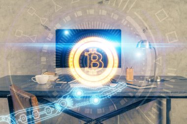 Engelleme zinciri ve kripto ekonomi temalı hologram ve bilgisayar geçmişi olan bir masa. Bitcoin kripto para kavramı.