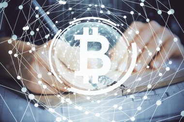 Kripto para birimi hologramı, notlar alan ellerin üzerinde arka plan. Blockchain kavramı. Çoklu pozlama