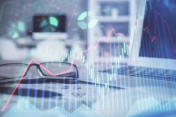 Financial chart hologram with glasses on the table background. Concept of business. Double exposure. — Stock Photo, Image