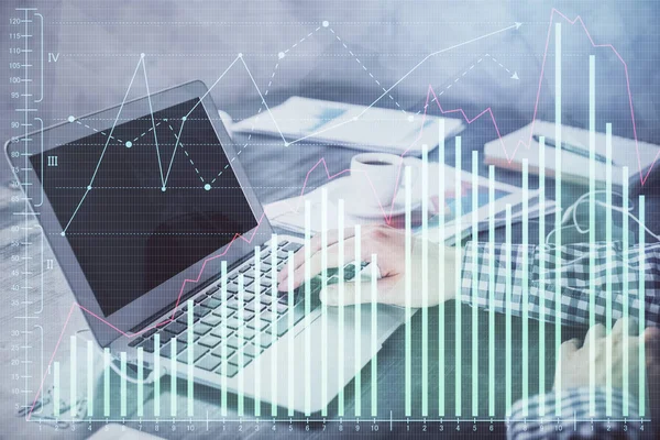Double exposure of forex chart with man working on computer on background. Concept of market analysis. — Stock Photo, Image