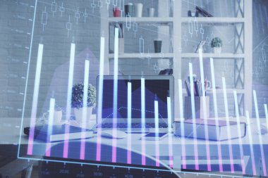 Finansal grafik çizimine ve ofis içi arka planına çifte maruz kalma. Borsa konsepti.