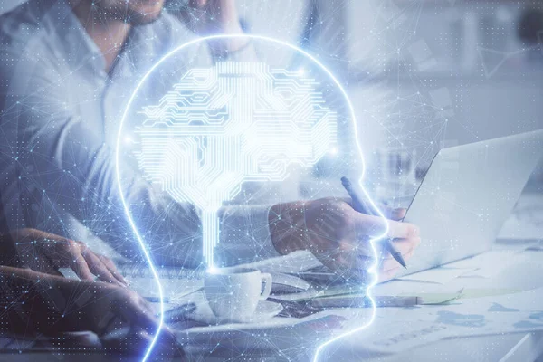 Doble Exposición Hombres Mujeres Trabajando Juntos Dibujando Holograma Cerebral Concepto —  Fotos de Stock