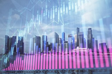 Yüksek binaların arka planında çoklu pozlama olan eski şehir haritası. Finansal araştırma kavramı.