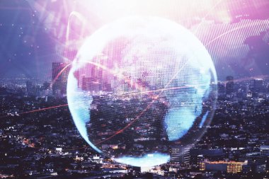 İş temalı hologram çizimine ve şehrin arka planına çifte maruz kalma. Başarı kavramı.