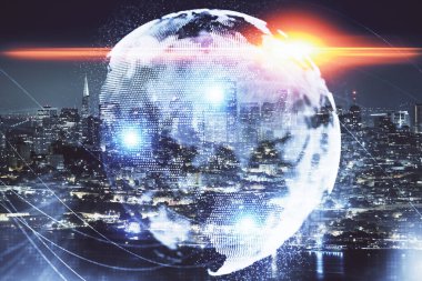 İş temalı hologram çizimine ve şehrin arka planına çifte maruz kalma. Başarı kavramı.