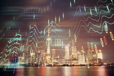 Yüksek binalar arka plan çok pozlama ile gece şehir scape mali grafik. Analiz kavramı.