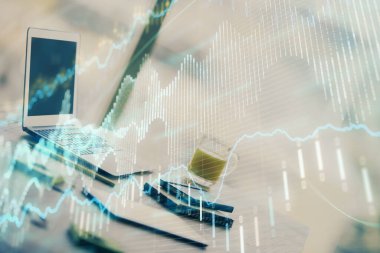 Bilgisayar geçmişi olan eski grafik hologramı. Çoklu maruz kalma. Finans piyasası kavramı.