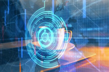 Masaüstü bilgisayarı ve teknoloji temalı holograma çift pozlama. Yazılım geliştirme kavramı.