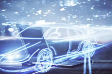 Otomobil hologramı çizimi olan masaüstü bilgisayar arkaplanı. Çoklu maruz kalma. Teknoloji kavramı.