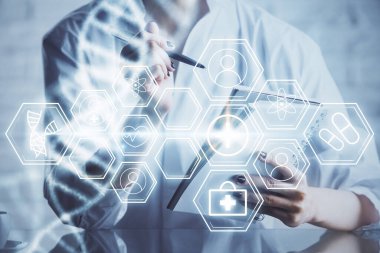 Kadınların el yazısı üzerine DNA temalı hologram. Eğitim kavramı. Çift pozlama