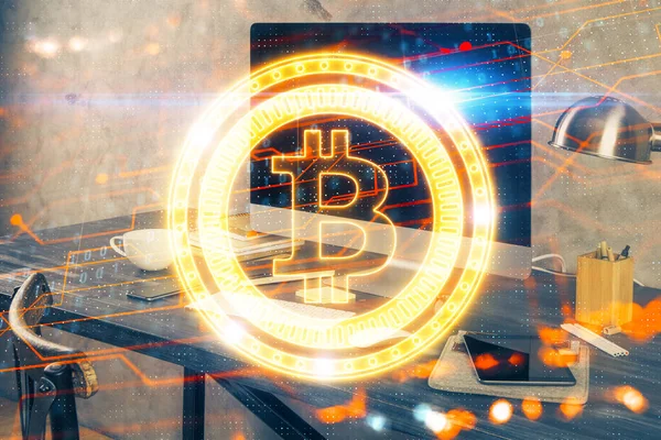 Doppelbelichtung von Blockchain und Kryptoökonomie Thema Hologramm und Tabelle mit Computer-Hintergrund. Konzept der Kryptowährung Bitcoin. — Stockfoto