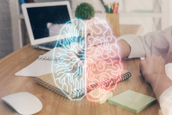 Exposición múltiple de escritura mano sobre fondo con holograma cerebral. Concepto de autoaprendizaje. — Foto de Stock