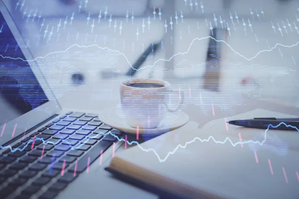 Dubbel exponering av finansiella diagram ritning och skrivbord med kaffe och objekt på bordet bakgrund. Begreppet valutahandel — Stockfoto