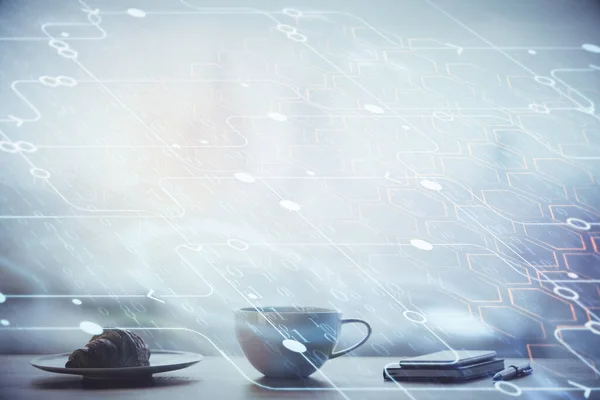 Doppelbelichtung von Ai-Daten Thema Zeichnung über Kaffeetasse Hintergrund im Büro. — Stockfoto