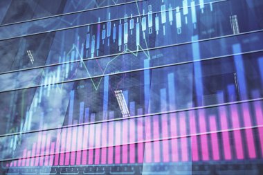 Yüksek binaların arka planında çoklu pozlama olan eski şehir haritası. Finansal araştırma kavramı.