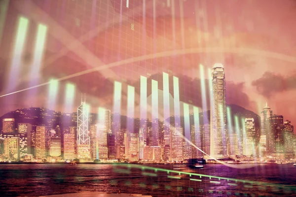 Multi exposure van forex grafiek tekeningen over Cityscape achtergrond. Concept van succes. — Stockfoto