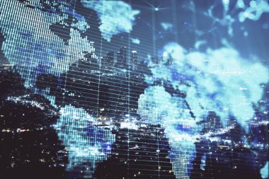 İş temalı hologram çizimine ve şehrin arka planına çifte maruz kalma. Başarı kavramı.