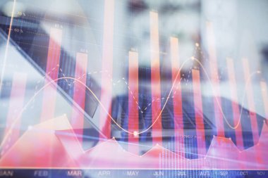 Bilgisayar geçmişi olan eski grafik hologramı. Çifte maruziyet. Finans piyasası kavramı.