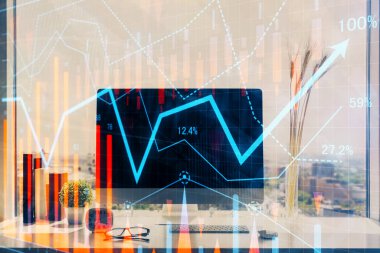 Kişisel bilgisayar arkaplanına çizilmiş borsa hologramı. Çifte maruziyet. Yatırım kavramı.