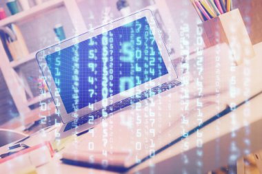 Arka planda kişisel bilgisayarı ve teknik tema çizimi olan iki kat masaüstü görüntüsü. Veri analizi kavramı.