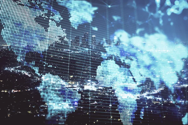 İş temalı hologram çizimine ve şehrin arka planına çifte maruz kalma. Başarı kavramı.