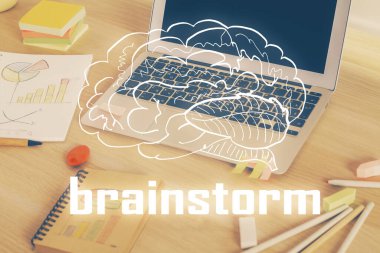 Ofisteki masaüstü bilgisayar arkaplanı ve tema hologram çizimini başlat. Çifte maruziyet. Başlangıç konsepti.