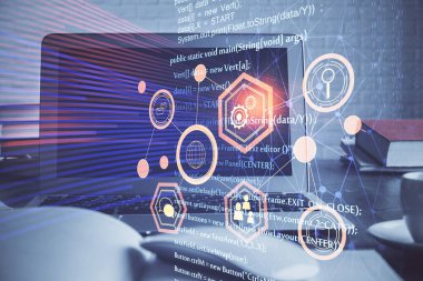 Bilgisayarın arka plan ve teknoloji temalı çizimlerine çoklu maruz kalma. Yenilik kavramı.