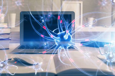 Masaüstü bilgisayar arkaplanı ve nöron çizimi. Çifte maruziyet. Eğitim kavramı.