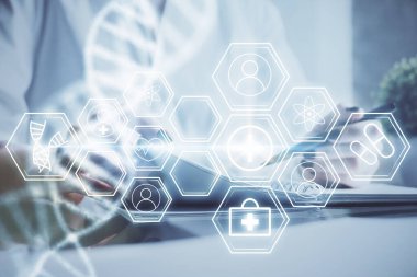 Kadınların el yazısı üzerine DNA temalı hologram. Eğitim kavramı. Çift pozlama