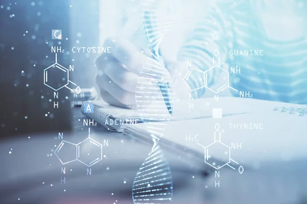 Hologram s tématem DNA nad ženskýma rukama a psaním pozadí. Pojem vzdělání. Dvojitá expozice — Stock fotografie